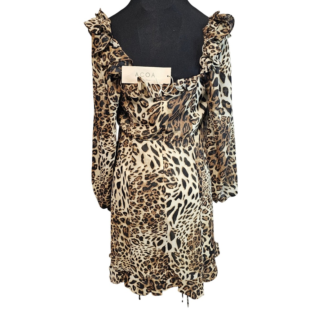 ACOA Leopard Print Ruffle Square Neck Long Sleeve Mini Dress Women's Medium NWT - Picture 3 of 5